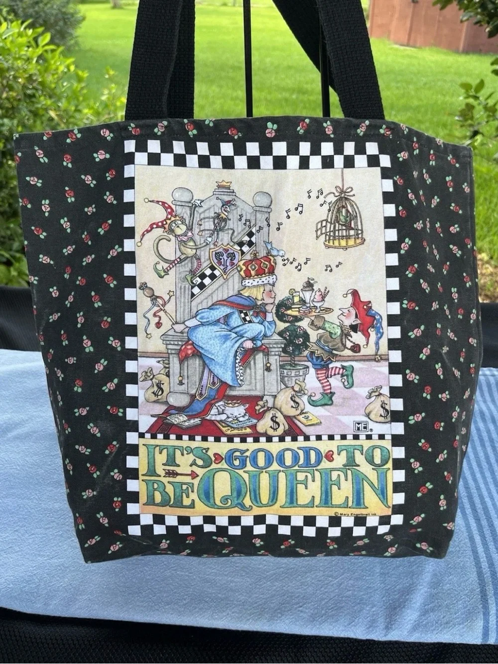 MARY ENGELBREIT  “It's Good to Be Queen” Black Floral Tote Bag